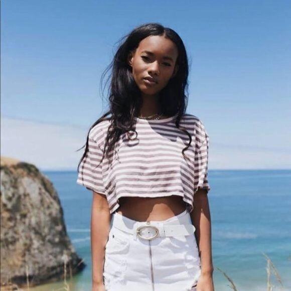 NWT LF Emma & Sam Pink and Grey Striped Crop Top - Picture 2 of 8